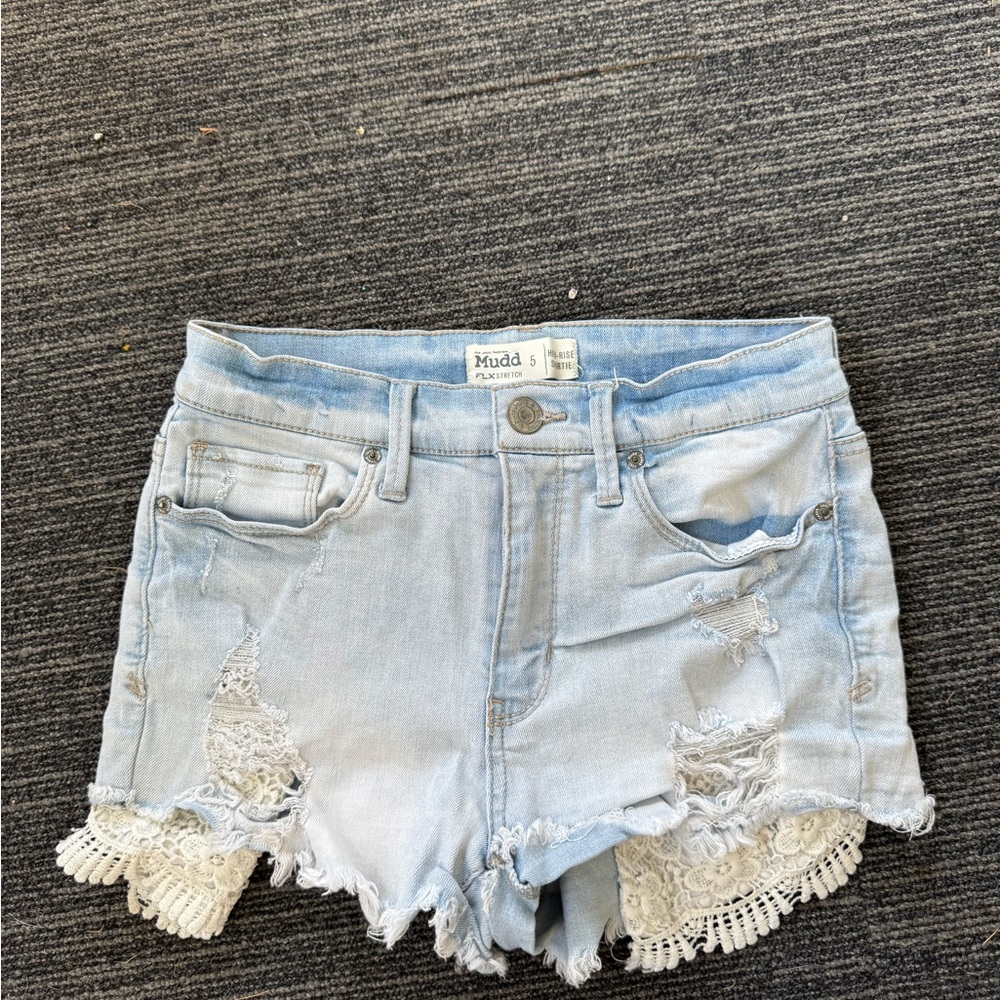 Mudd Blue Jean Shorts with Distressed Lace Trim